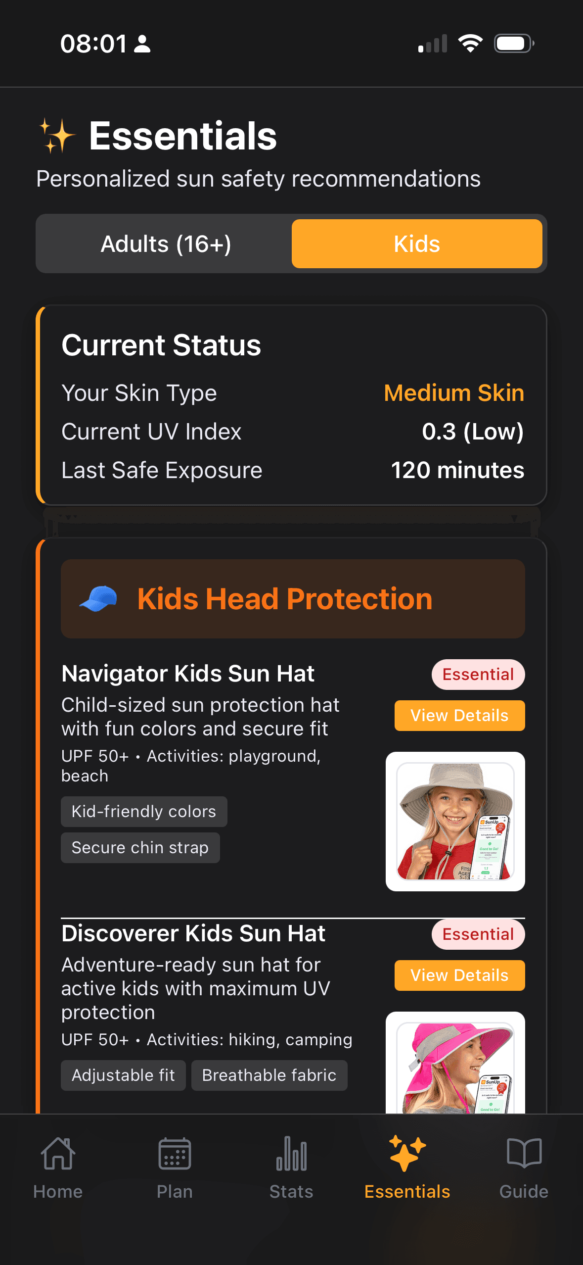 Essentials Kids tab — Navigator Kids and Discoverer Kids sun hats in kid-friendly colors