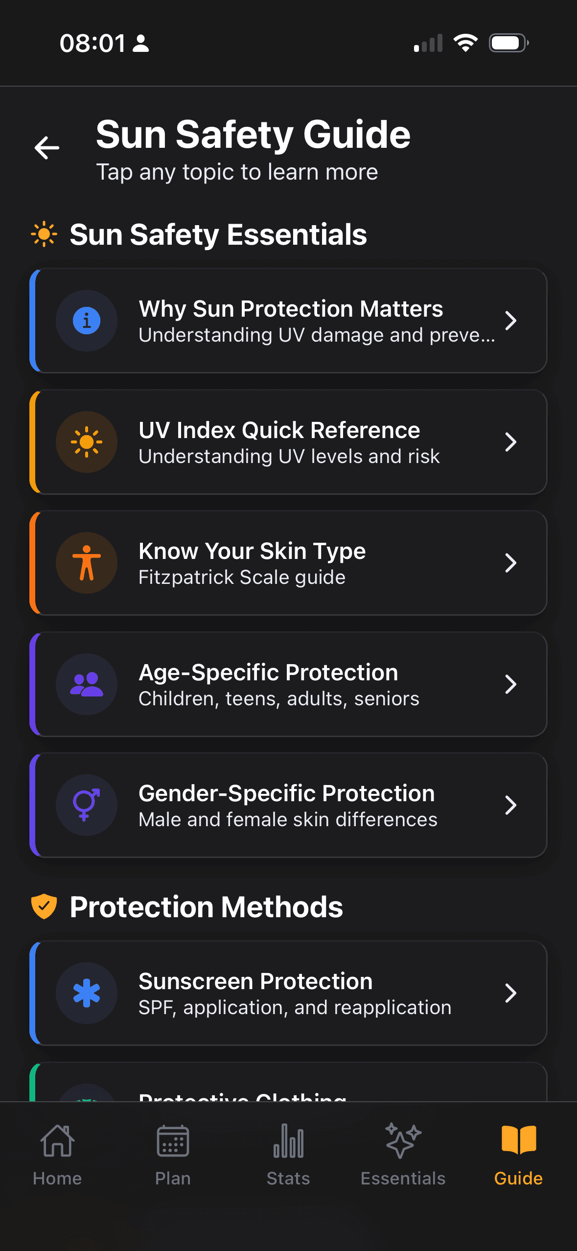 Sun Safety Guide — Sun Safety Essentials with Why Protection, UV Index, Fitzpatrick, Age sections