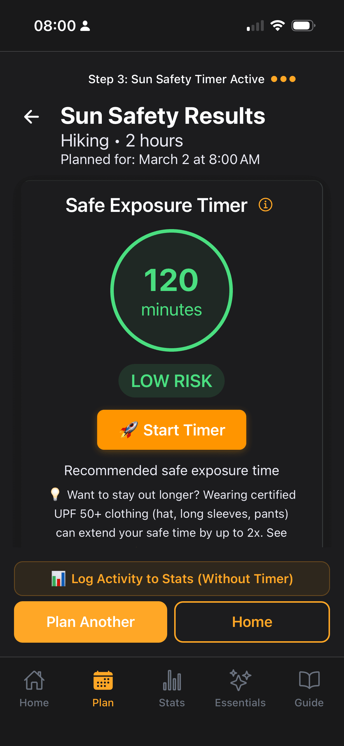 Sun Safety Results — Safe Exposure Timer 120 minutes, LOW RISK, Start Timer