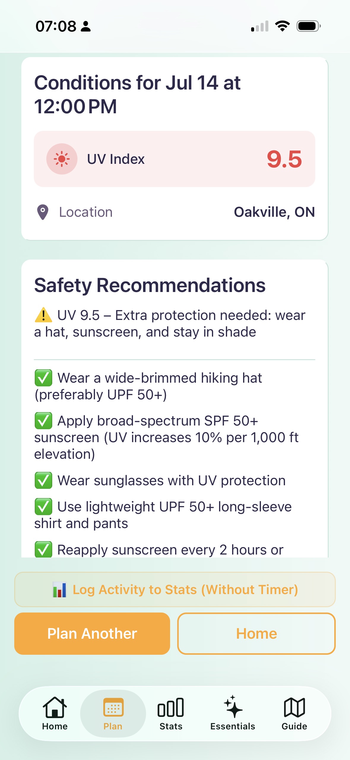SunUp safety recommendations for UV 9.5: wide-brimmed UPF 50+ hat, SPF 50+ broad-spectrum sunscreen, sunglasses, lightweight long sleeves