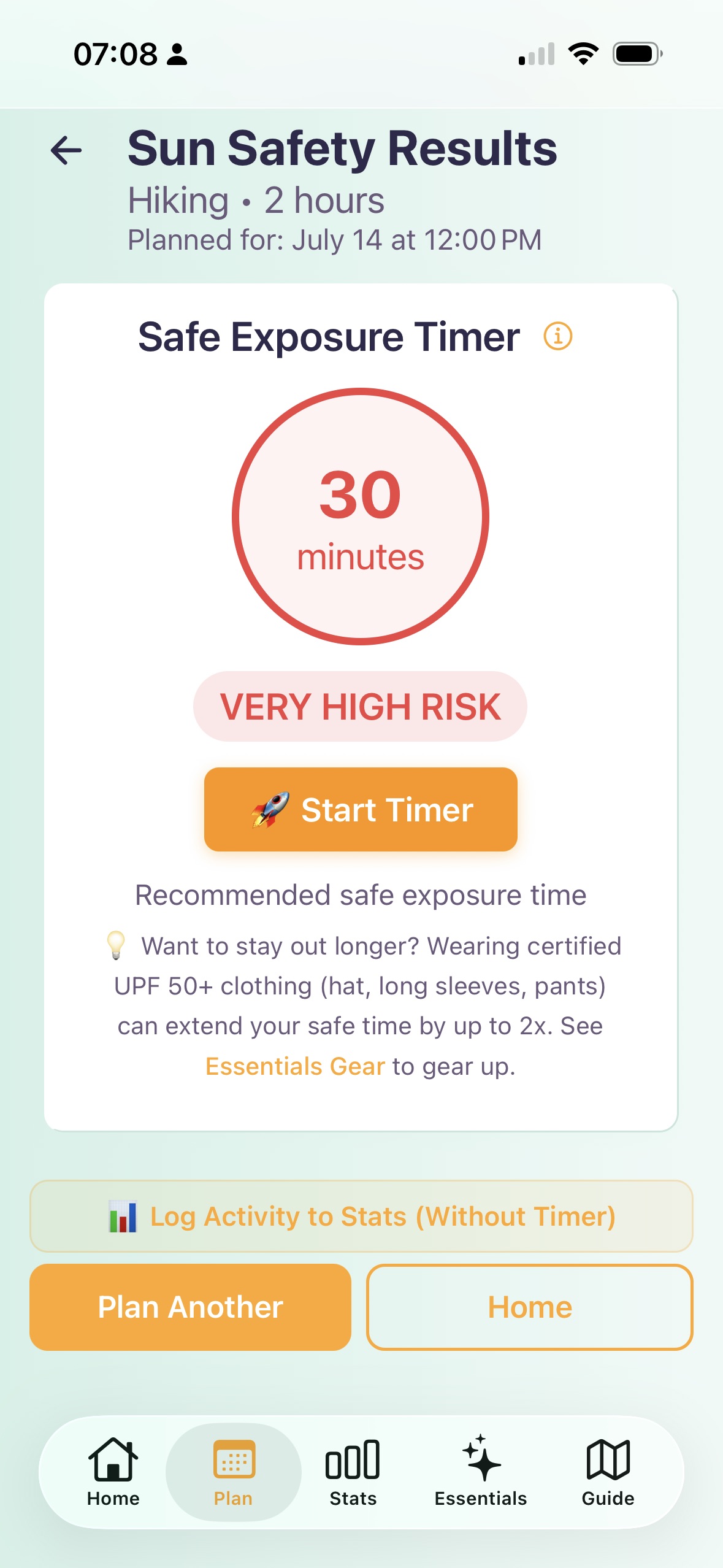 SunUp app safe exposure timer showing 30 minutes maximum at UV 9.5 Very High Risk during the Ontario heat wave