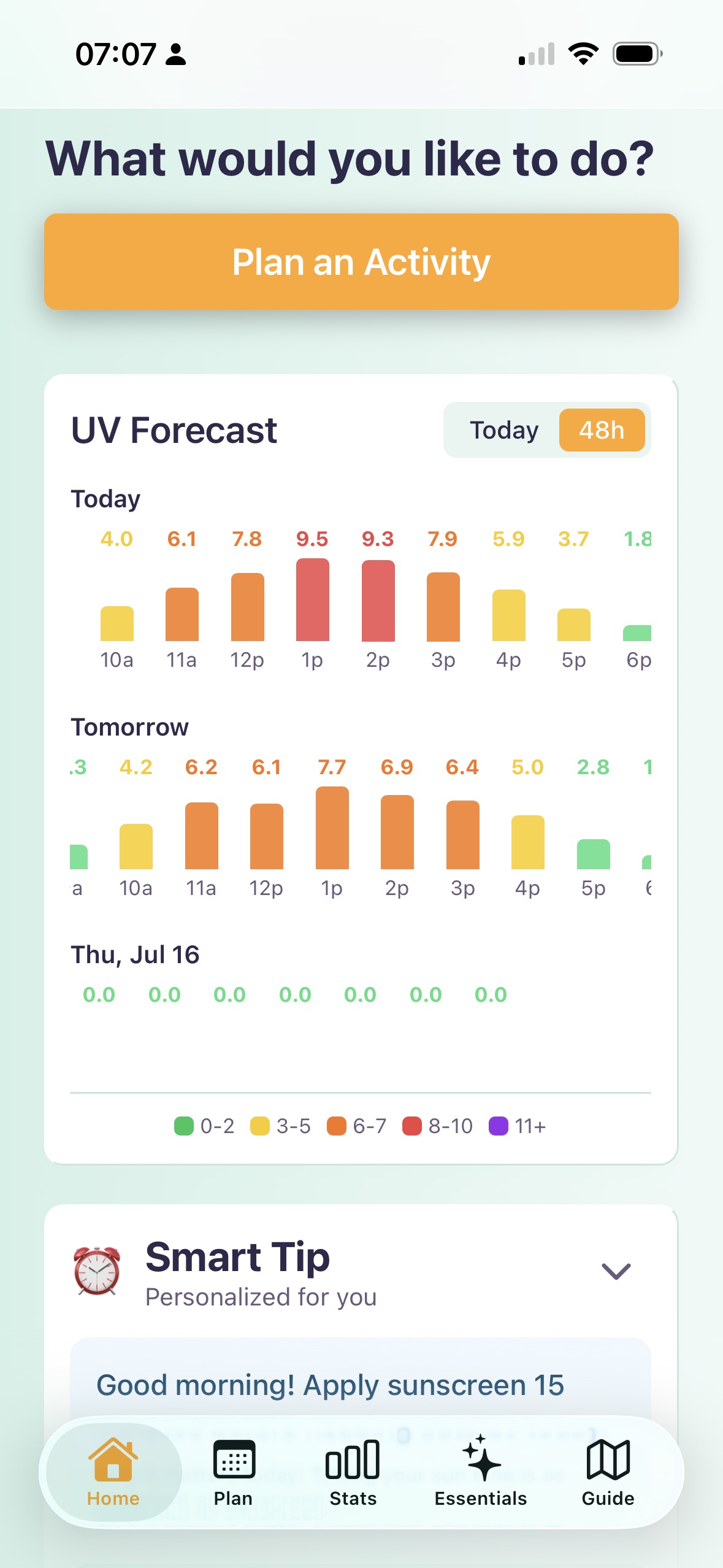 SunUp 48-hour UV forecast during the Ontario heat wave — today peaking at 9.5, tomorrow at 7.7