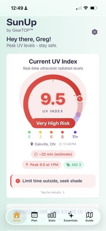 SunUp app showing UV index 9.5, Very High Risk, in Oakville Ontario during the July heat wave