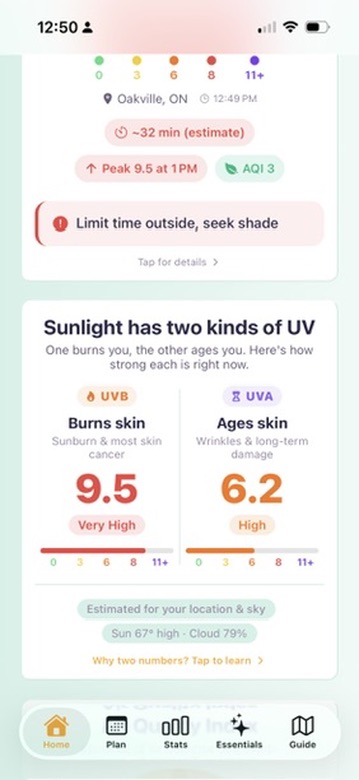 SunUp app UVA UVB index during the heat wave — UVB 9.5 Very High burns skin, UVA 6.2 High ages skin