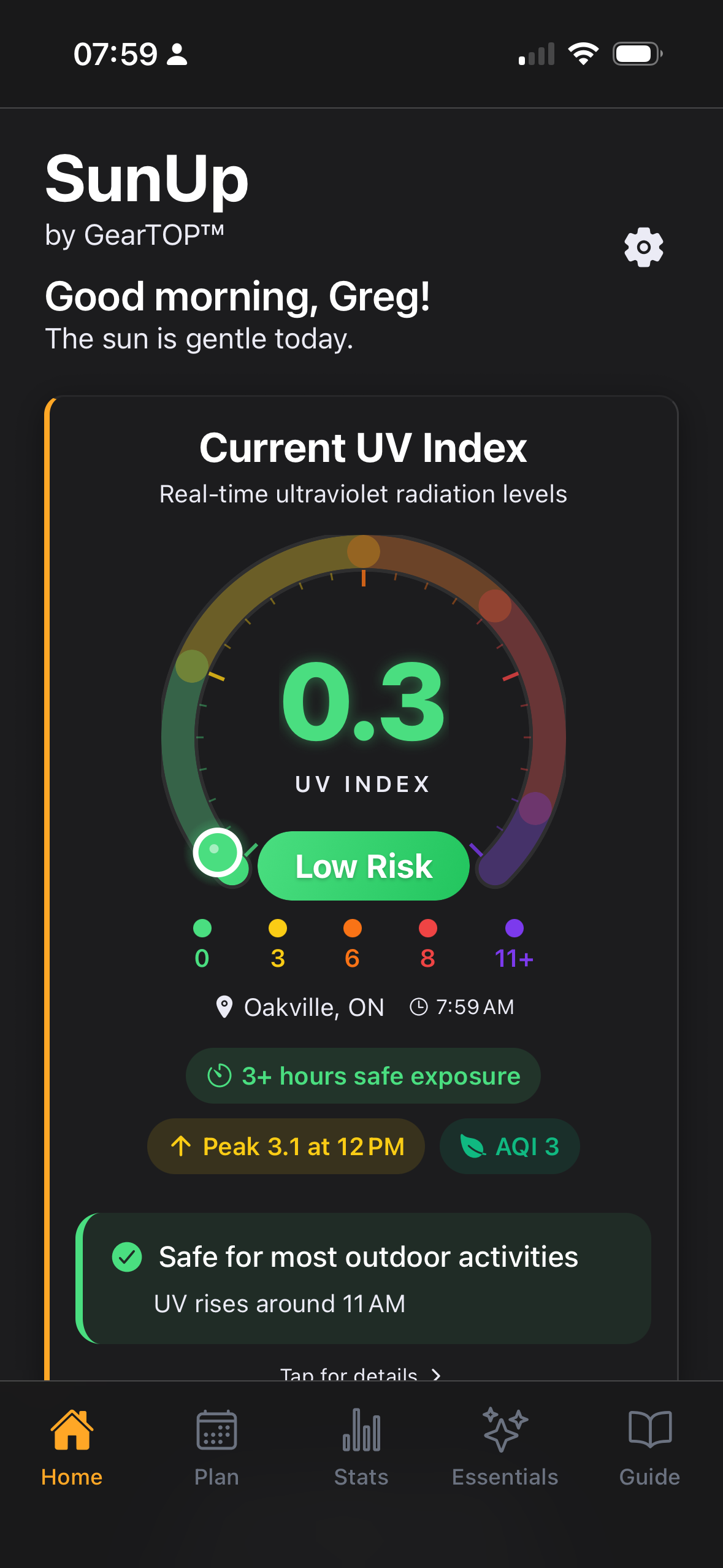 SunUP by GearTop app — UV index dashboard